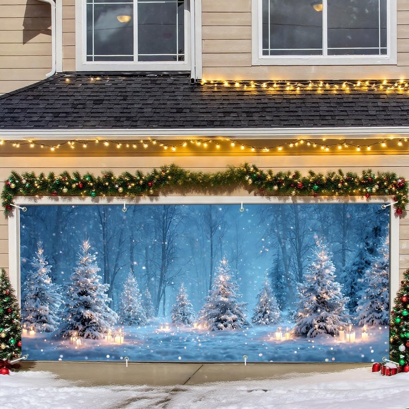 THISFIND Winter Wonderland Garage Door Banner – Snowy Forest with Candlelight Scene – Holiday Outdoor Decoration for Home or Events - Image 1